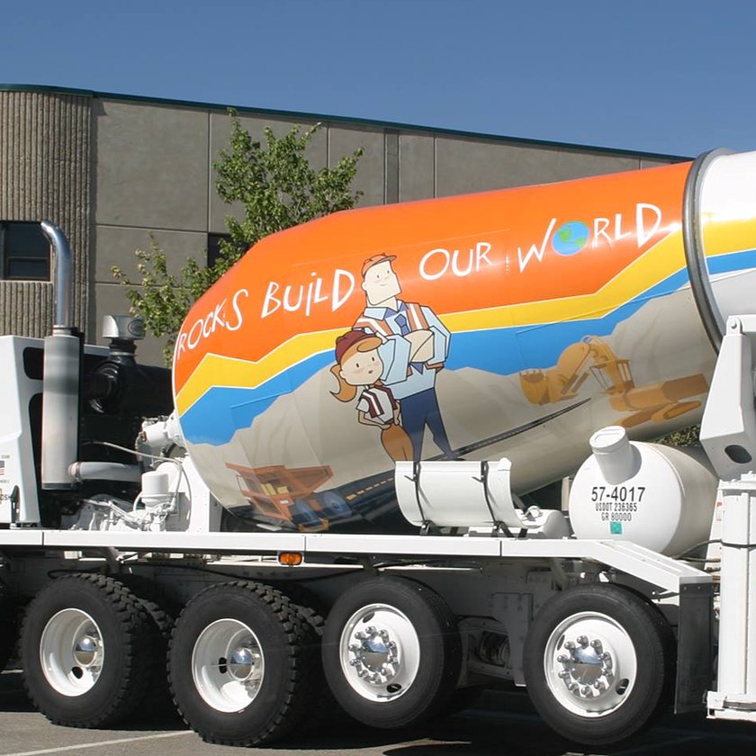 rocks build our world ad on side of cement truck